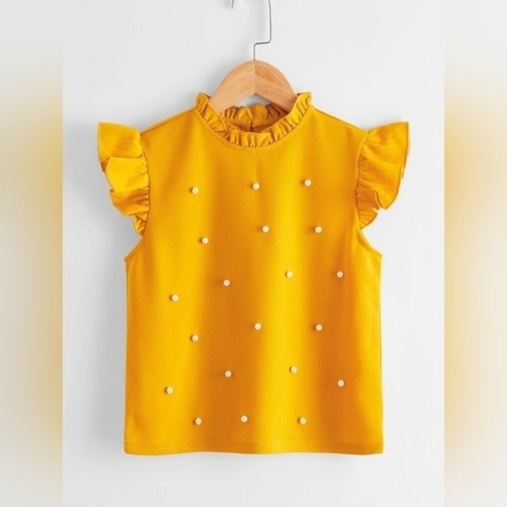 Girls Frill Neck Ruffle Armhole Pearls Beaded Top Yellow Multiple Sizes
